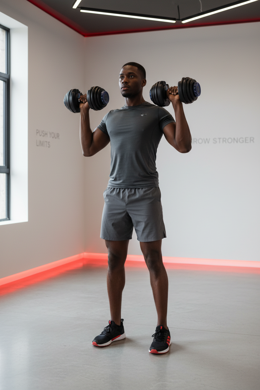 Athletic man performing dumbbell exercise in home gym